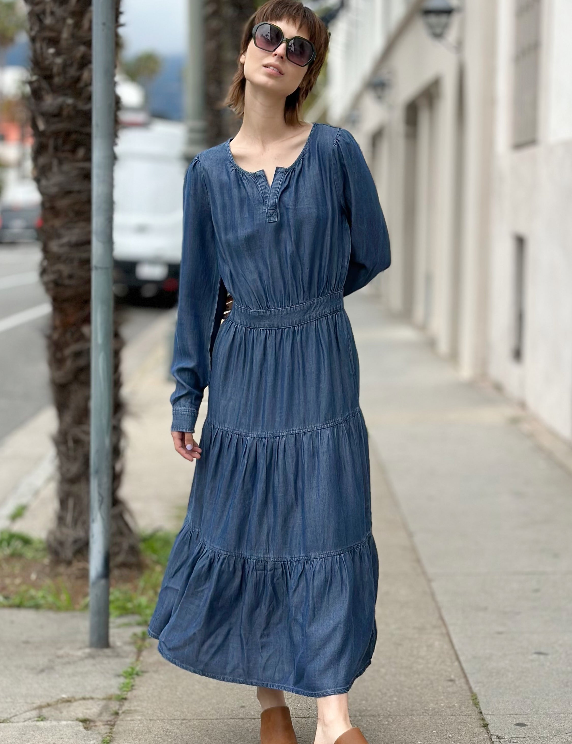 Women’s Layers Denim Maxi Dress with Tiered Silhouette – Wash Lab