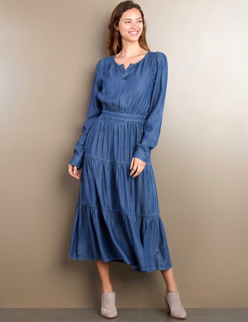 Women's Layers Denim Maxi Dress with Tiered Silhouette Wash Lab washlabshop Women's Layers Denim Maxi Dress with Tiered Silhouette Wash Lab washlabshop