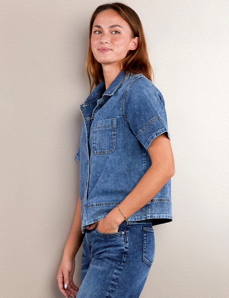 Women's Fashion Brand Light Wash Denim Bowling Shirt Side View