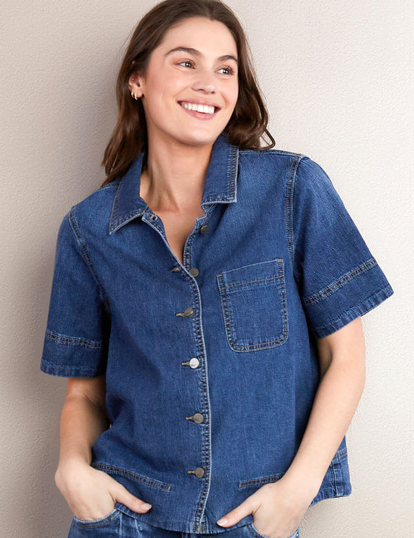 High-End Women's Fashion Brand Denim Bowling Shirt in Medium Wash