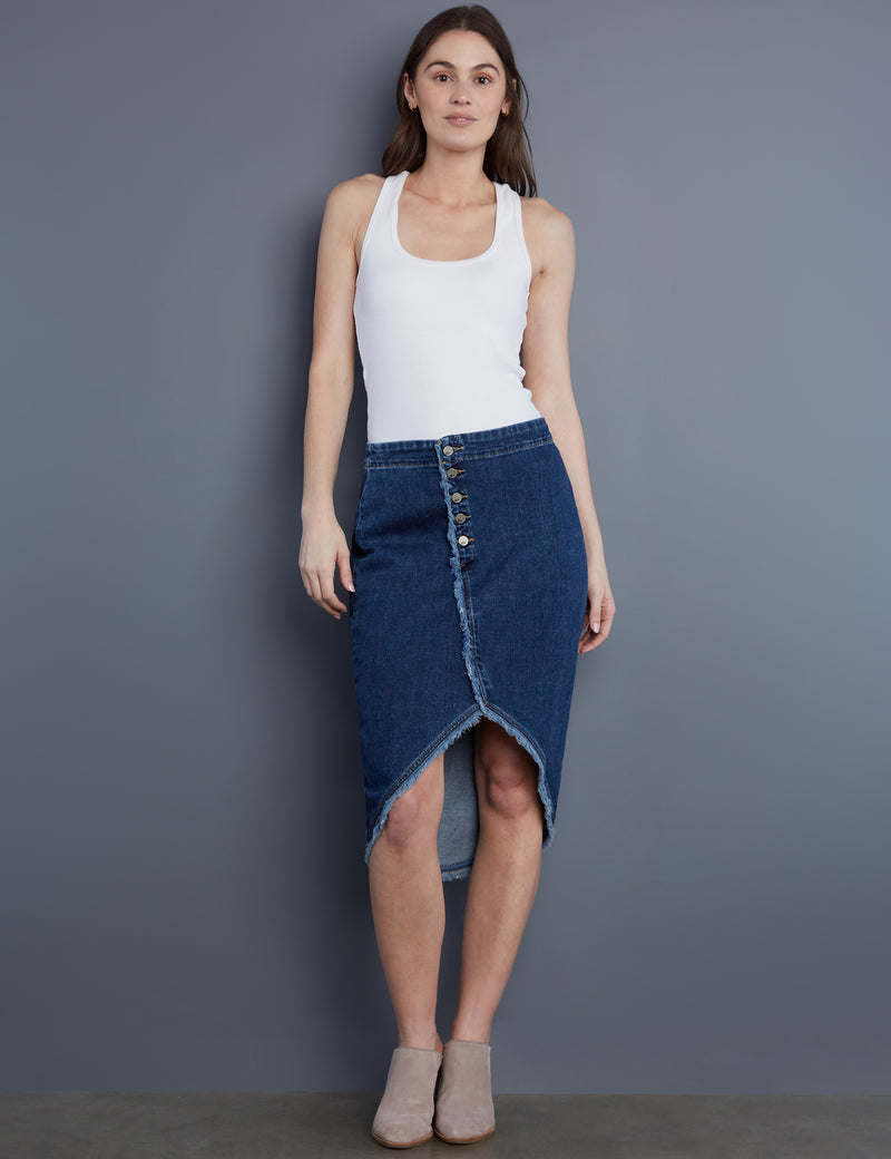 Women's Designer Fray Hem Button Front Denim Skirt