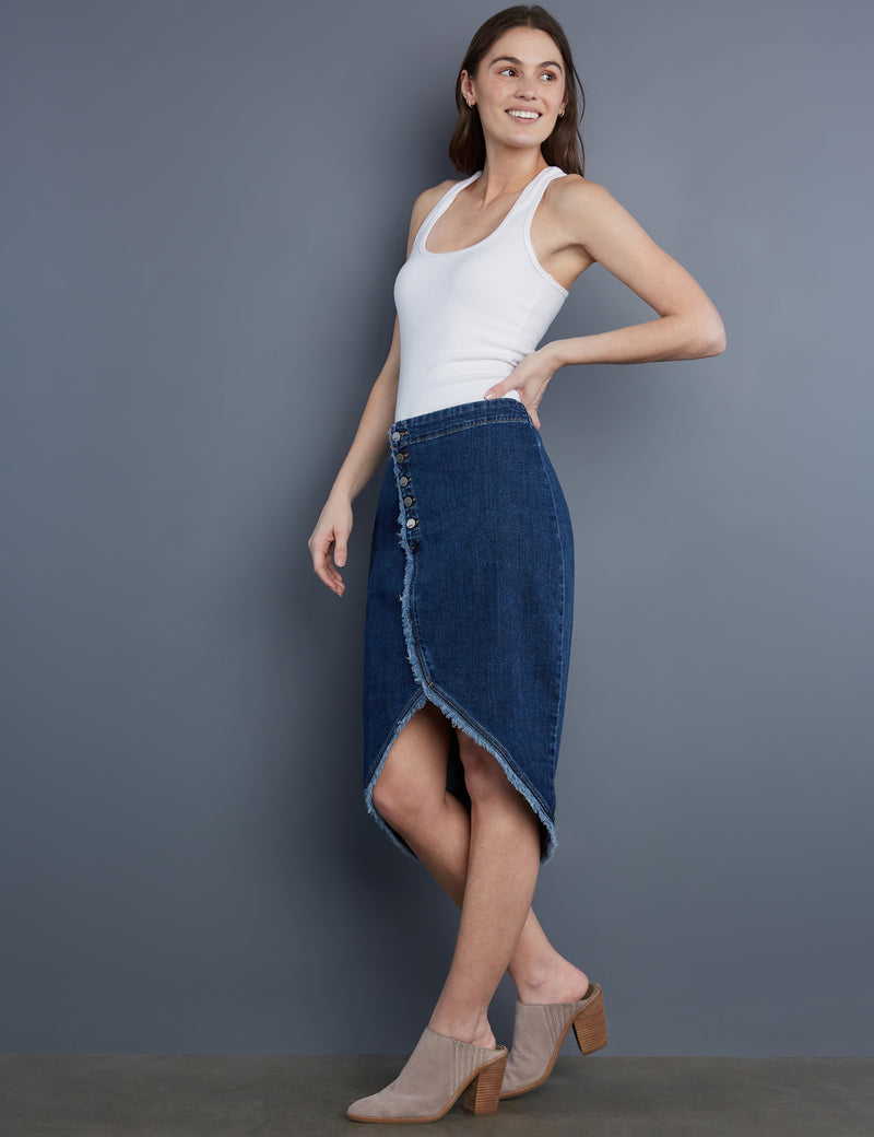 Women's Designer Fray Hem Button Front Denim Skirt