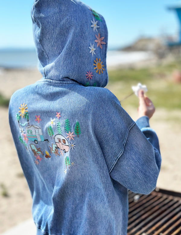 Women's Fashion Brand Best Selling Light Blue Camper Embroidered Hoodie