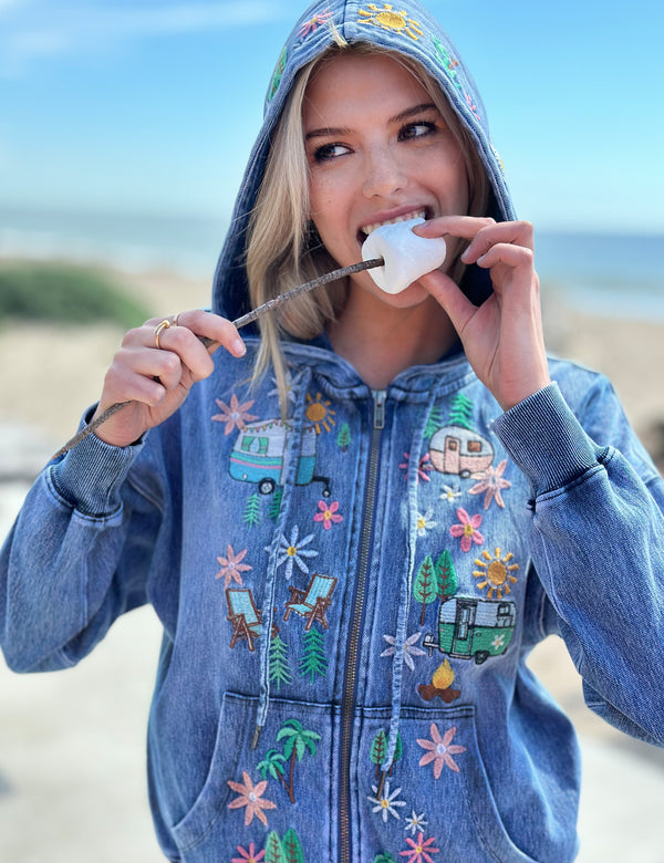 Women's Fashion Brand Best Selling Light Blue Camper Embroidered Hoodie