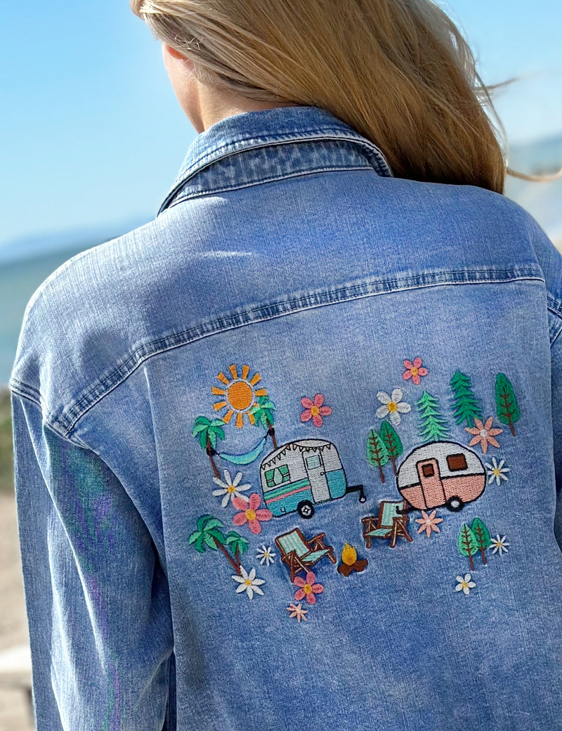 Women's Fashion Brand Denim Shacket with Camper Inspired Embroidery