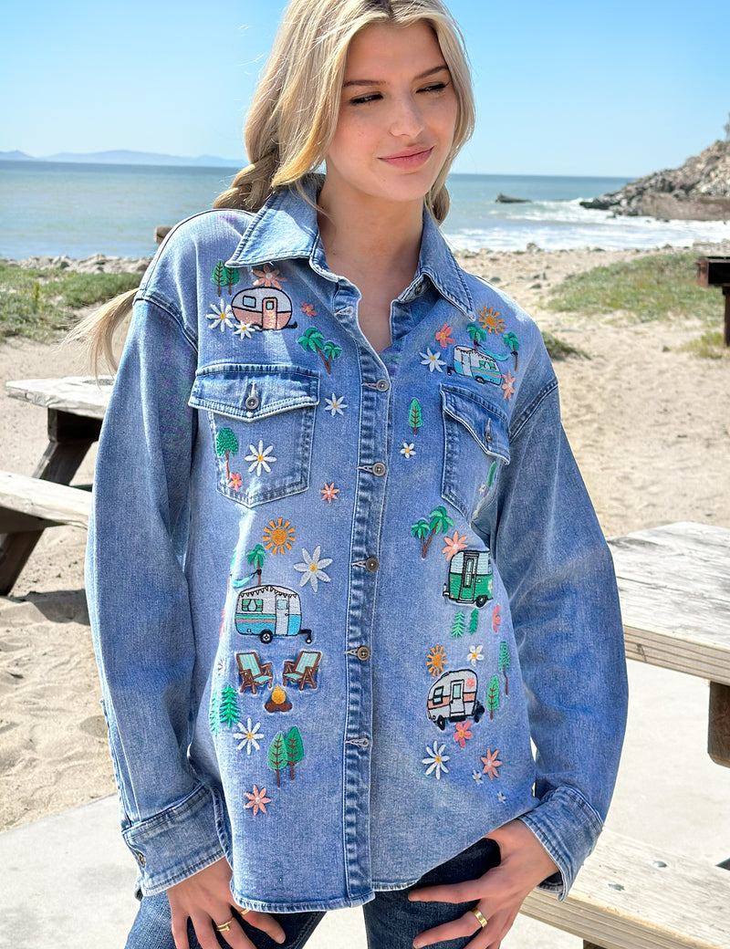 Women's Fashion Brand Denim Shacket with Camper Inspired Embroidery