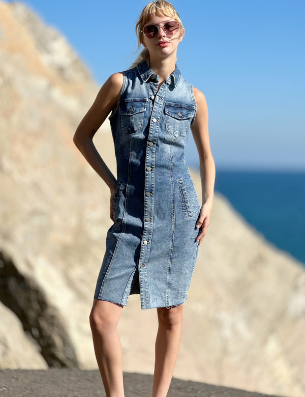 Women's Fashion Brand Sleeveless Denim Dress Beach View