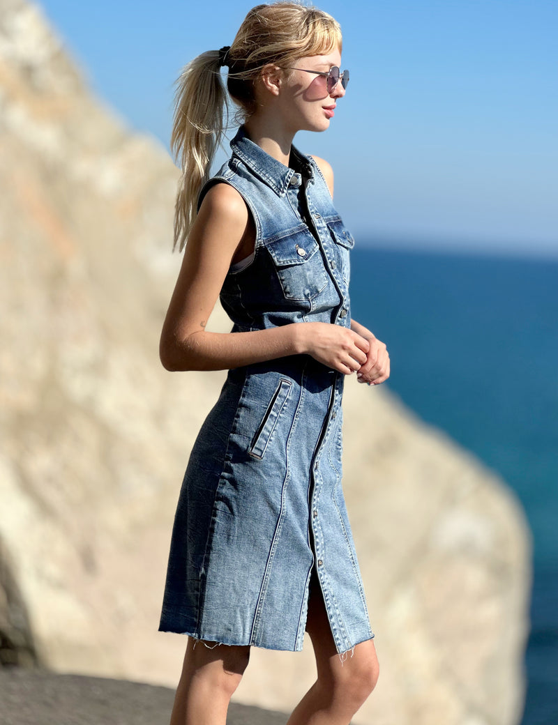 Women's Fashion Brand Sleeveless Denim Dress Beach View