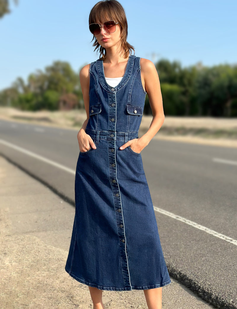 Women's Fashion Brand Dark Wash Denim Sleeveless A-Line Shirtdress