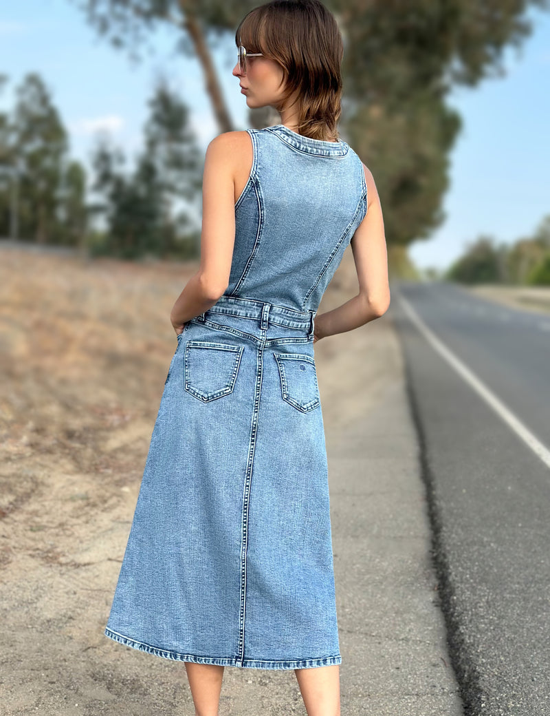 Women's Designer Premium Denim Vest Midi Dress in Light Wash Denim