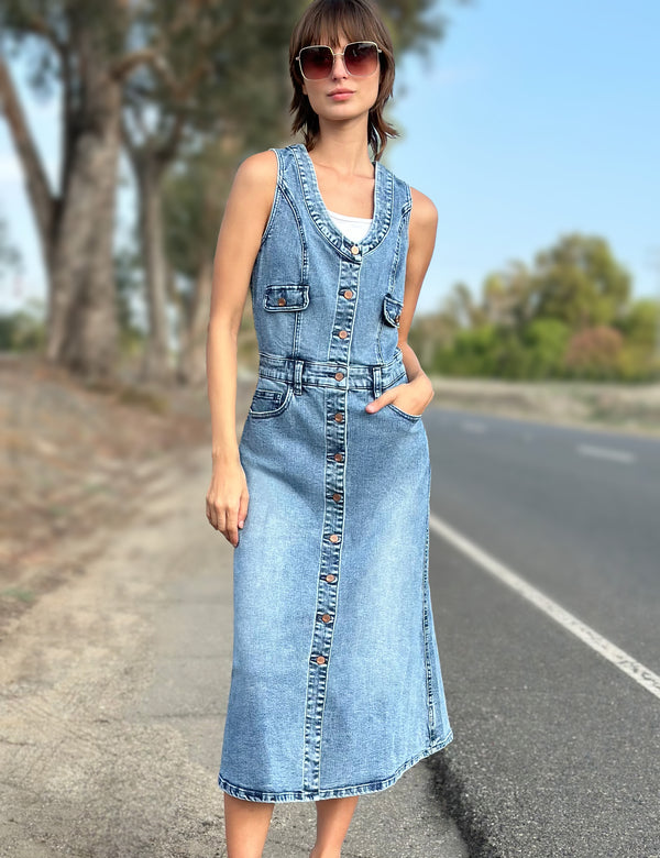 Women's Designer Premium Denim Vest Midi Dress in Light Wash Denim