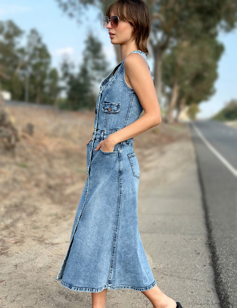 Women's Designer Premium Denim Vest Midi Dress in Light Wash Denim