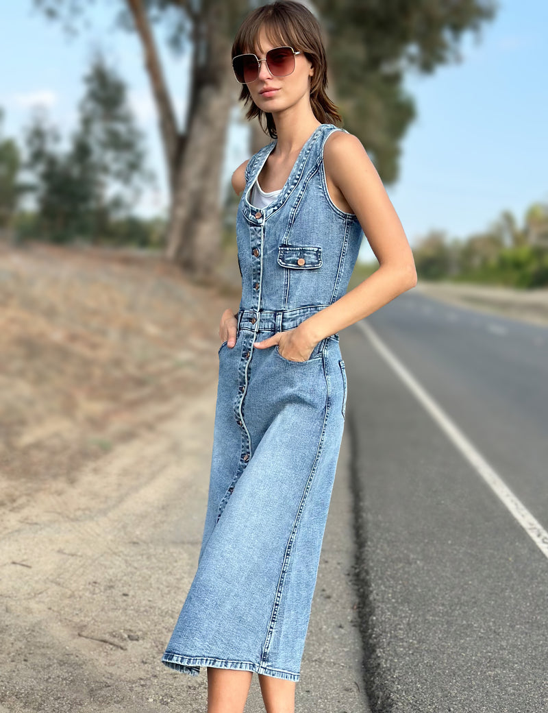 Women's Designer Premium Denim Vest Midi Dress in Light Wash Denim