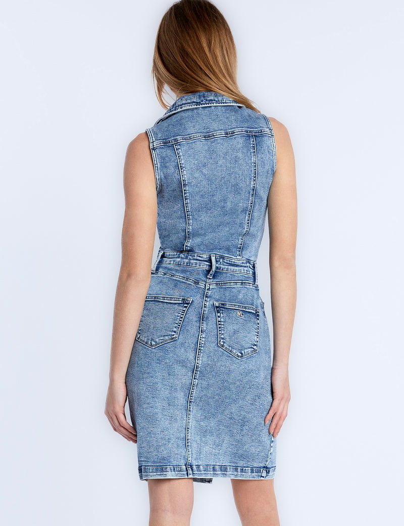 High-End Women's Fashion Brand Denim Zip Front Sleeveless Dress