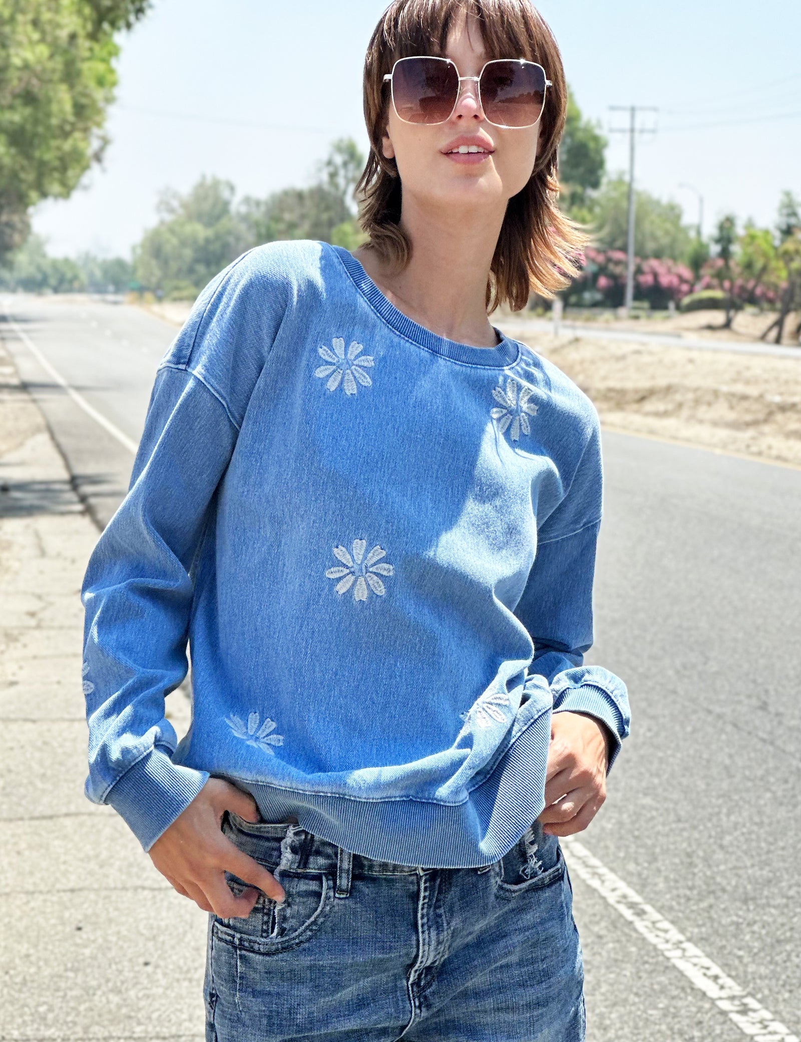 DenimDaisyEmbroideredSweatshir