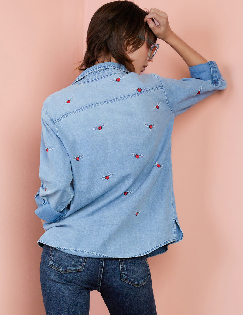 Women's Heart Embroidered Denim Button Up