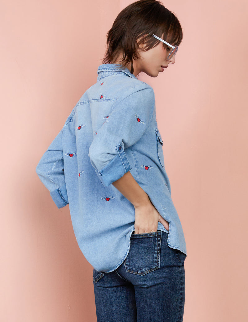 Women's Heart Embroidered Denim Button Up