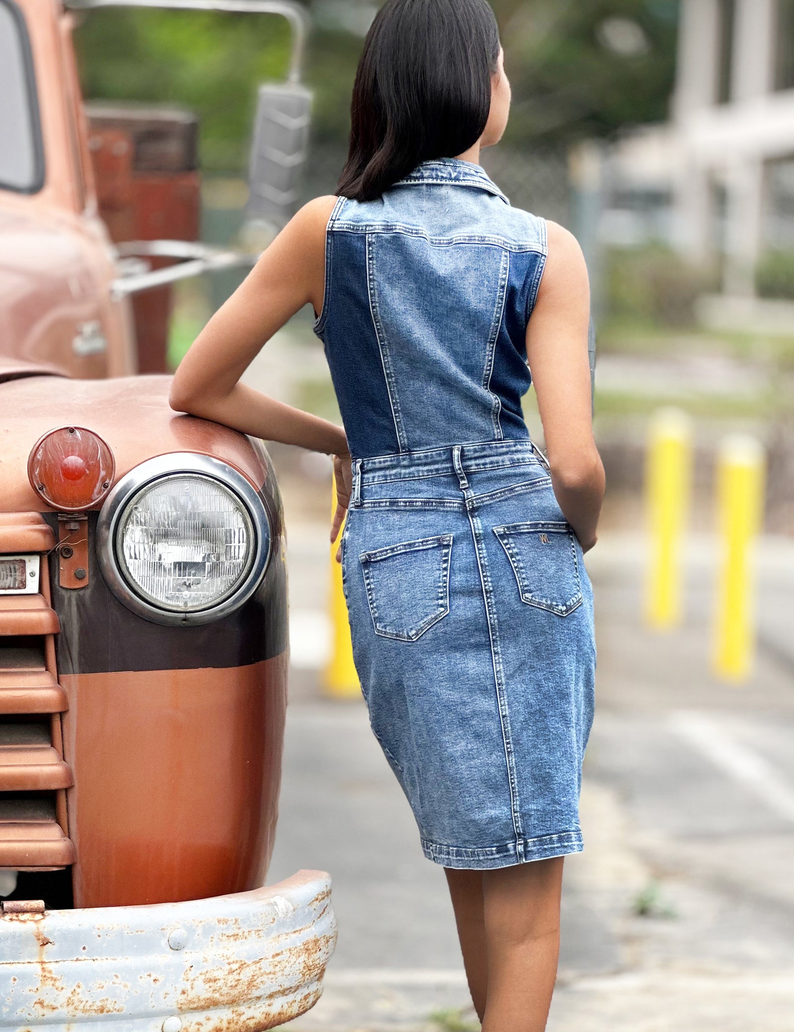 sheller back zip denim midi dress