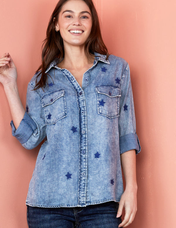 Women's Designer Star Embroidered Button Down Shirt