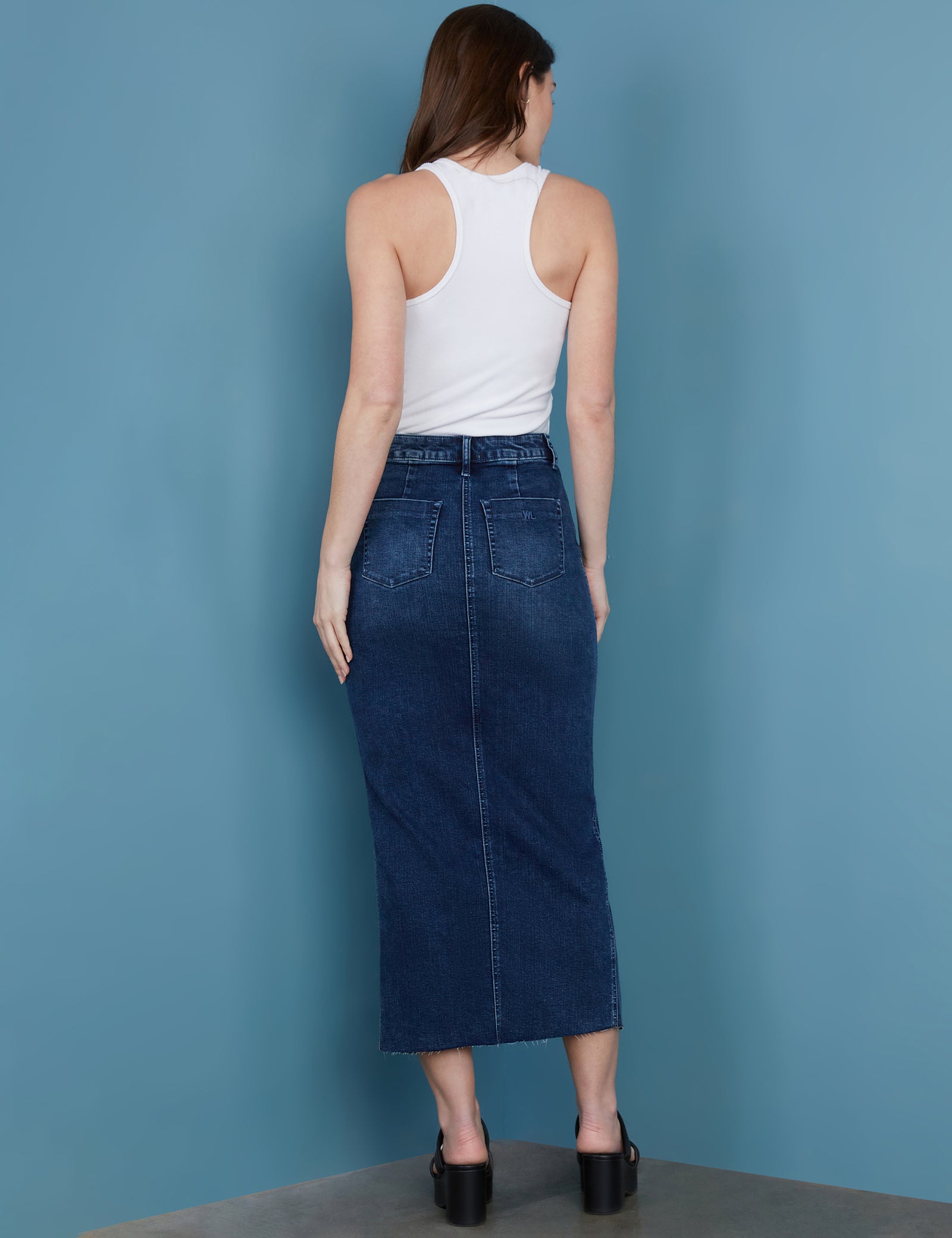 Front Slit Classic Denim Midi Skirt – washlabshop