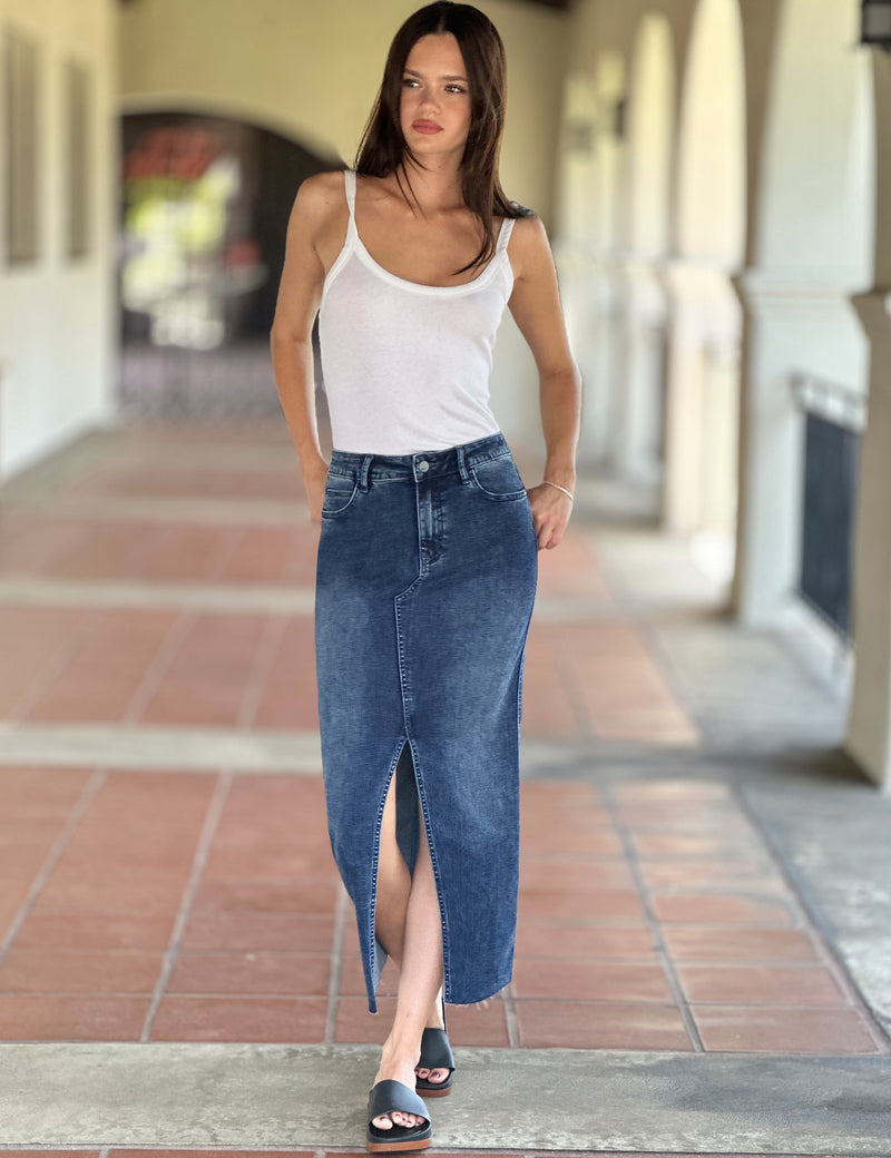 Women's Front Slit Classic Denim Midi Skirt Wash Lab washlabshop Women's Front Slit Classic Denim Midi Skirt Wash Lab washlabshop