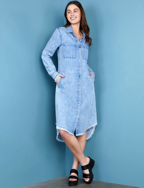 Women's Fashion Brand Juneau Blue Long Sleeve Midi Shirtdress