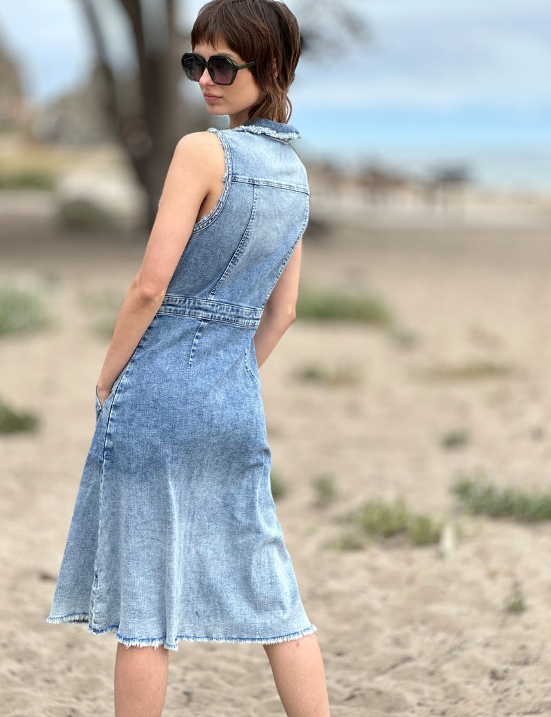 Women's Fashion Brand Light Wash Denim Sleeveless A-Line Dress Beach Back View