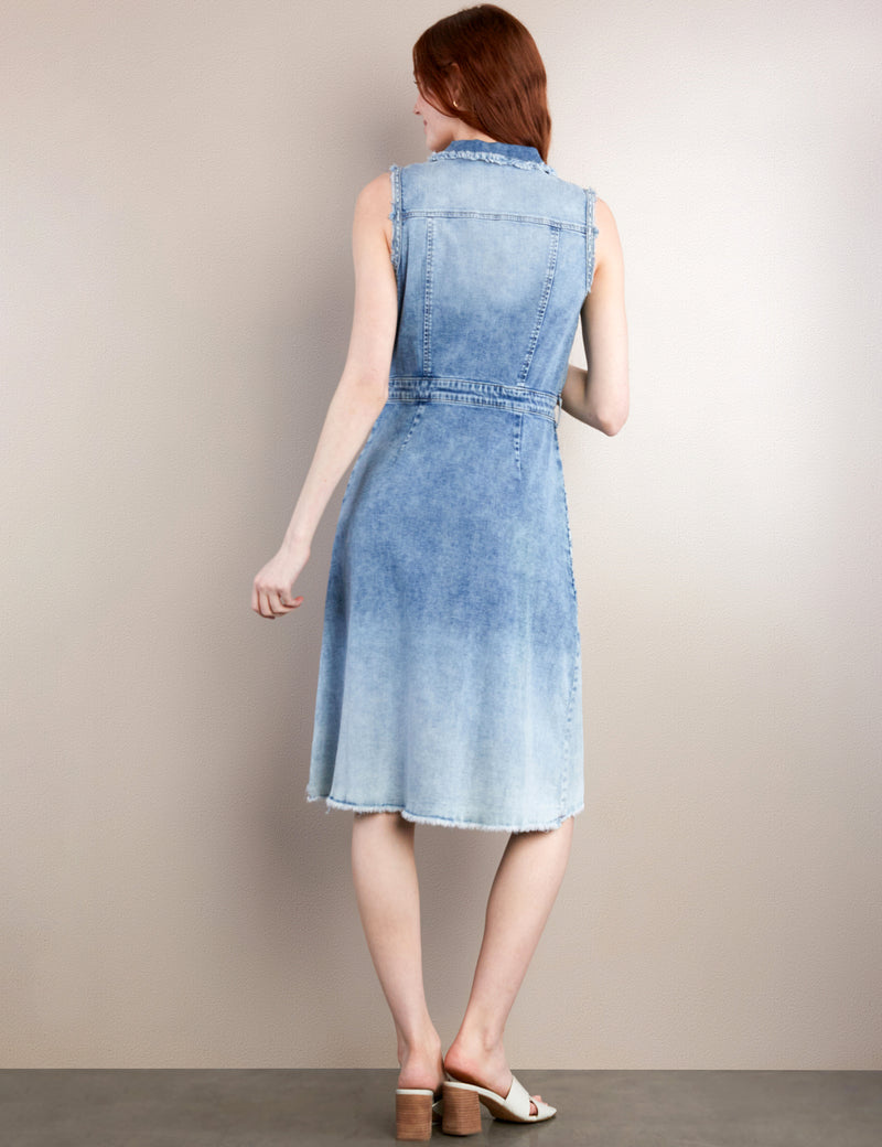 Women's Fashion Brand Light Wash Denim Sleeveless A-Line Dress Back View