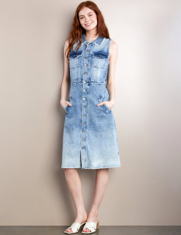 Women's Fashion Brand Light Wash Denim Sleeveless A-Line Dress Front View