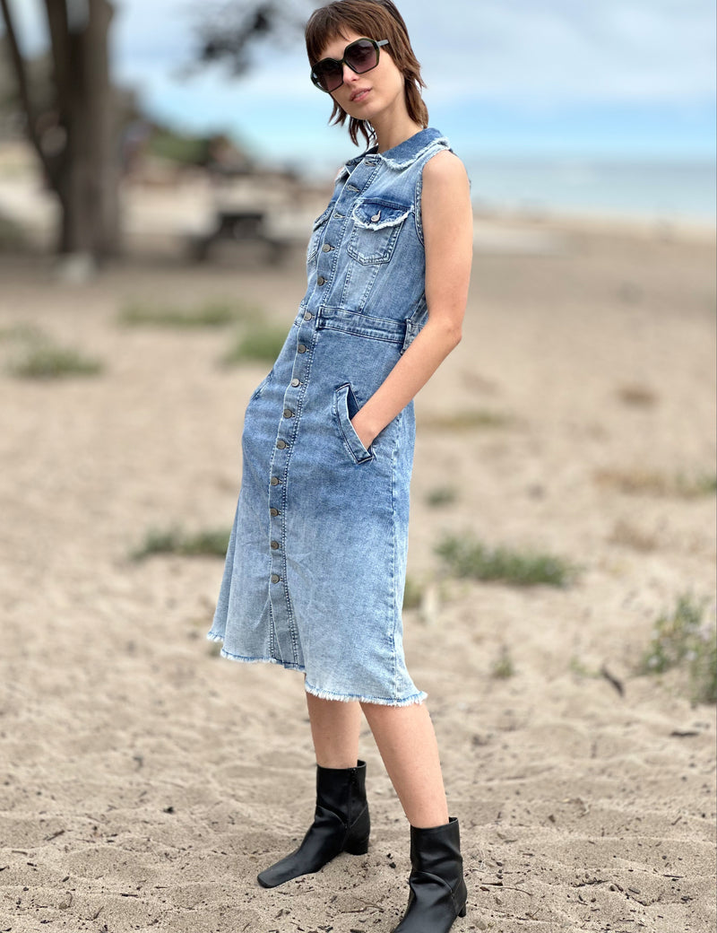 Women's Fashion Brand Light Wash Denim Sleeveless A-Line Dress Beach Side View