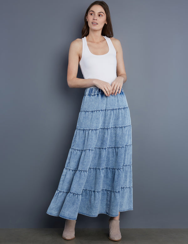 Women's Designer Tiered Chambray Maxi Skirt