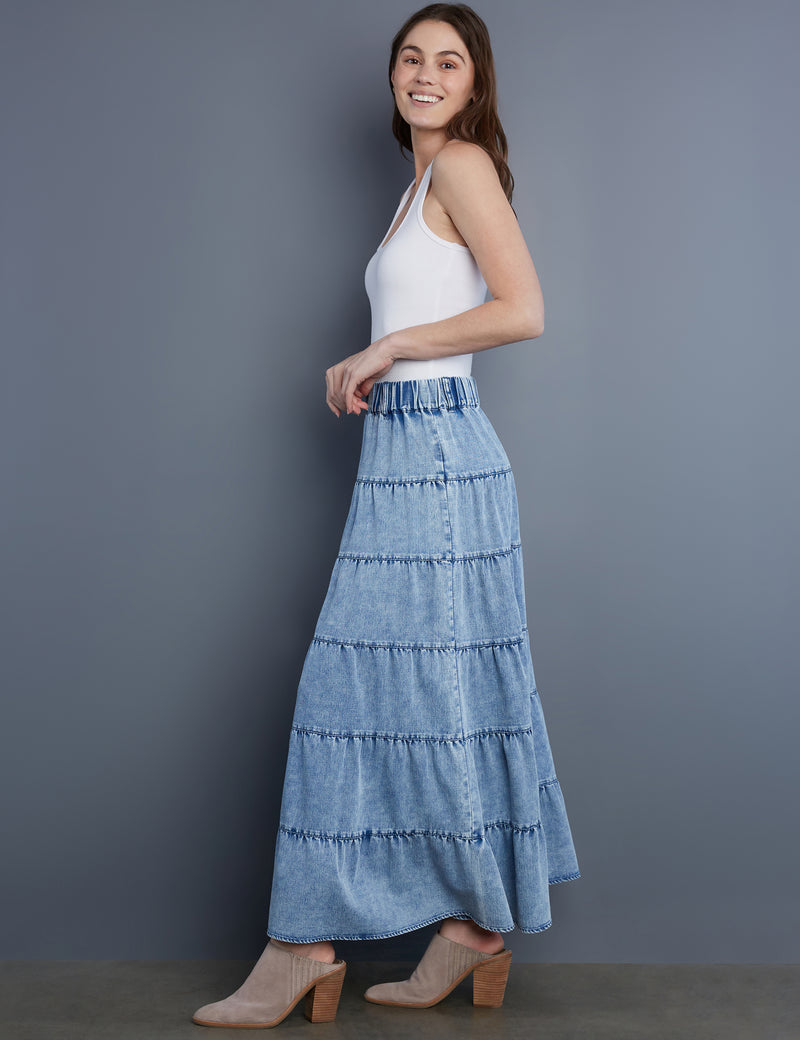 Women's Designer Tiered Chambray Maxi Skirt