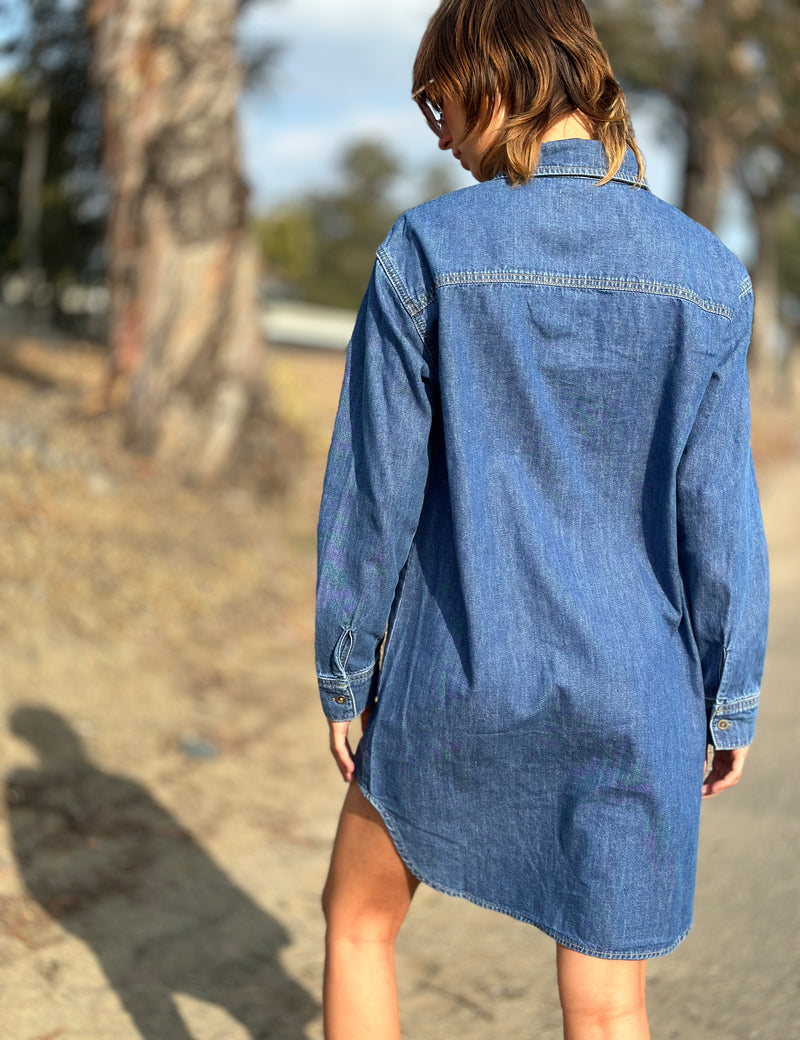 Women's Premium Denim Fashion Brand Oversized Denim Shirtdress Back View Outdoors