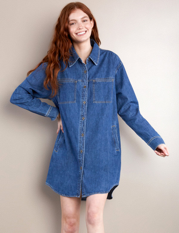 Women's Fashion Brand Premium Denim Oversized Denim Shirtdress Front View Close Up