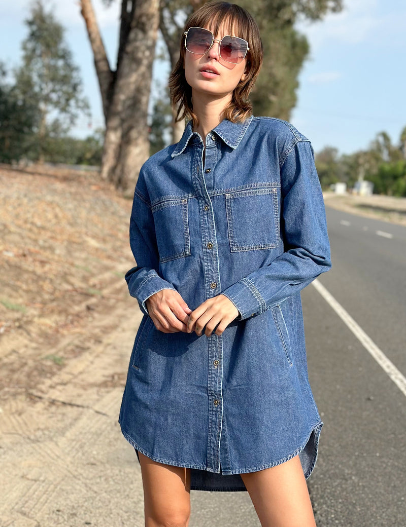 Women's Premium Denim Fashion Brand Oversized Denim Shirtdress Front View Outdoors