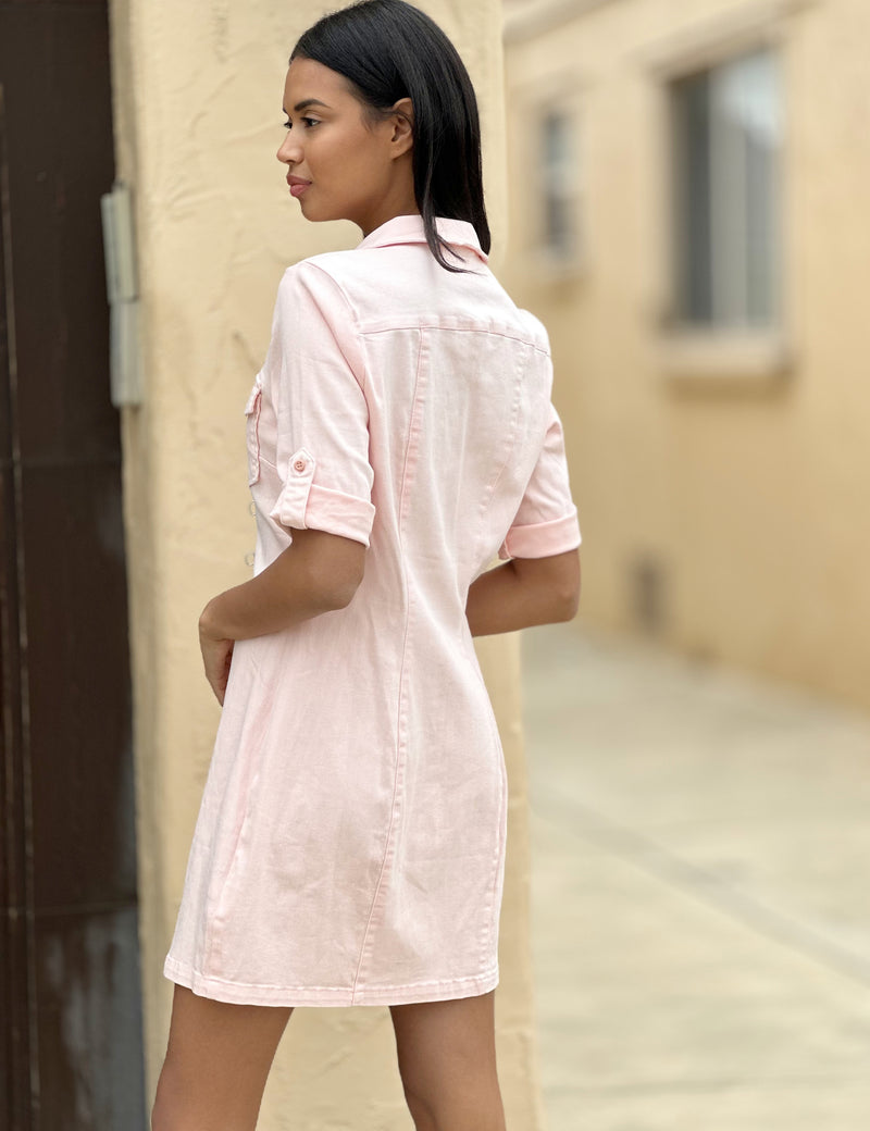 Women's Fashion Brand Light Pink Denim Mini Shirtdress