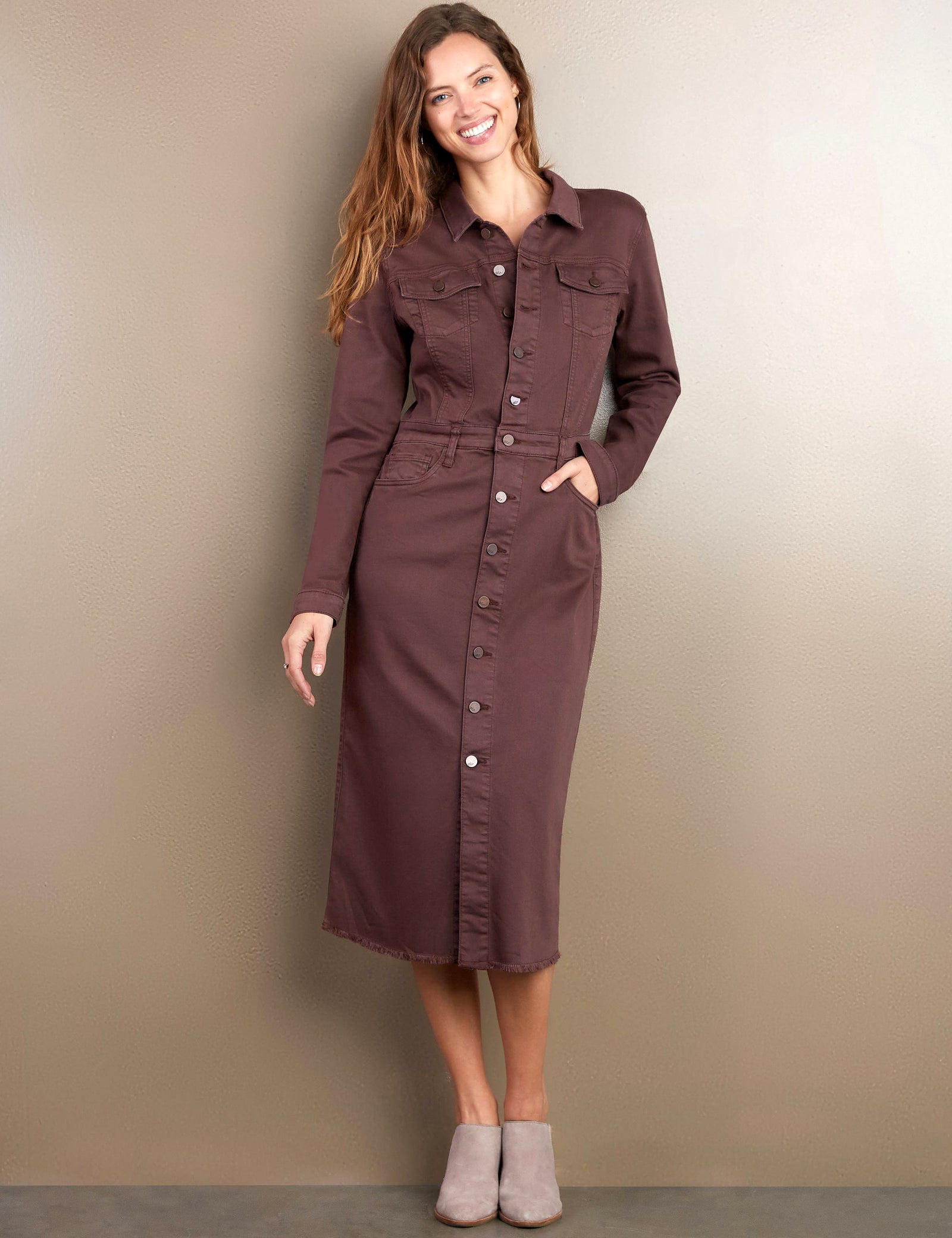 Women's Piece Dyed Denim Dress with Frayed Hem Wash Lab washlabshop Women's Piece Dyed Denim Dress with Frayed Hem Wash Lab washlabshop