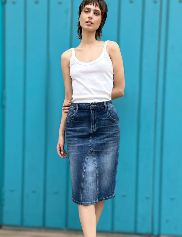 Women's Designer Pieced Denim Knee Length Skirt