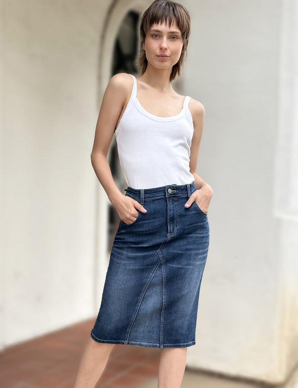 Pieced Denim Knee Skirt