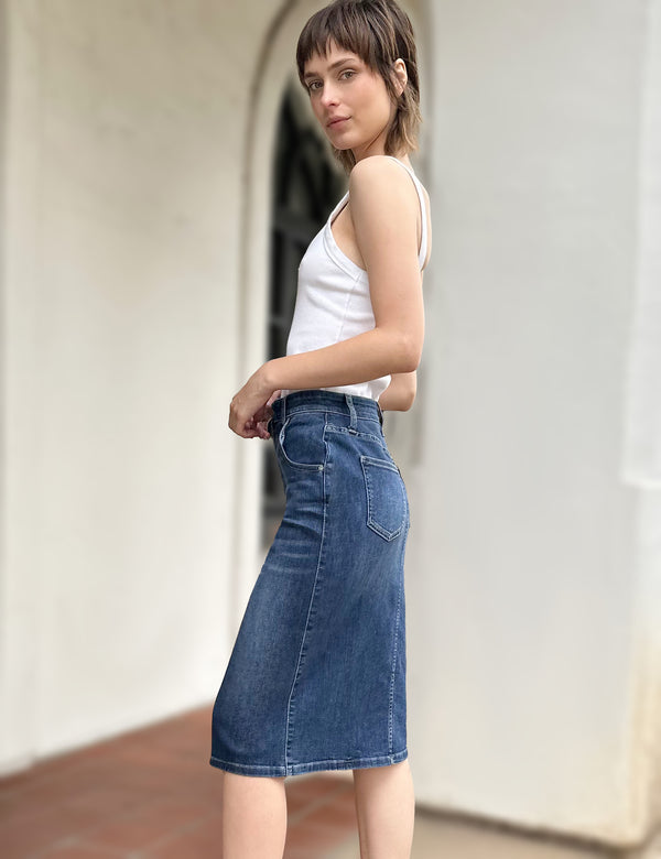 Pieced Denim Knee Skirt