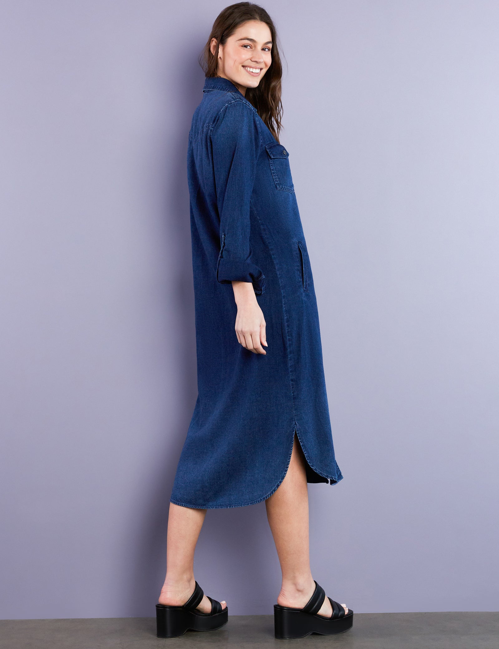 shirt dress pocket Roll Sleeve Pocket Shirt Dress | Coastal Stripe Wash | M