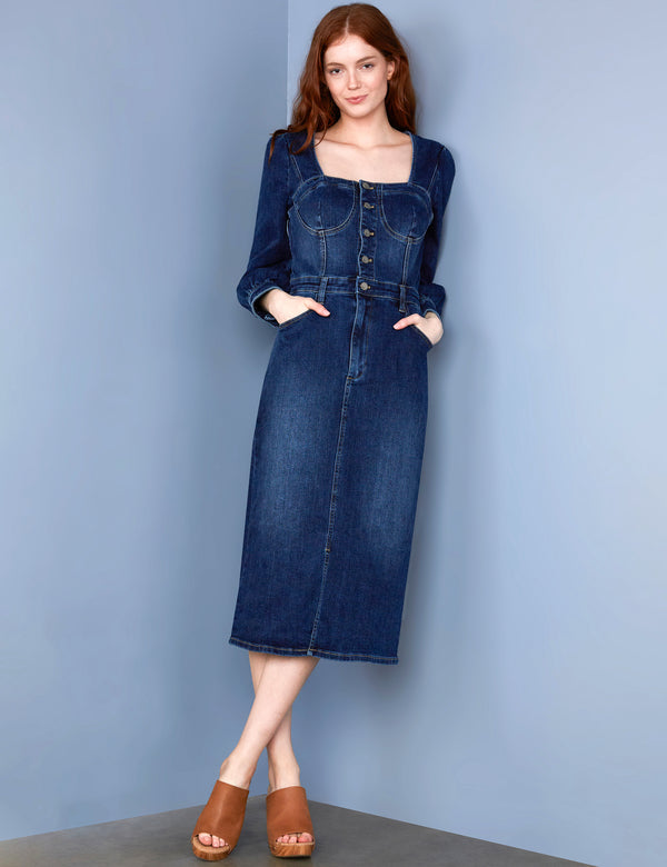 Women's Fashion Brand Puff Sleeve Dark Wash Denim Corset Dress