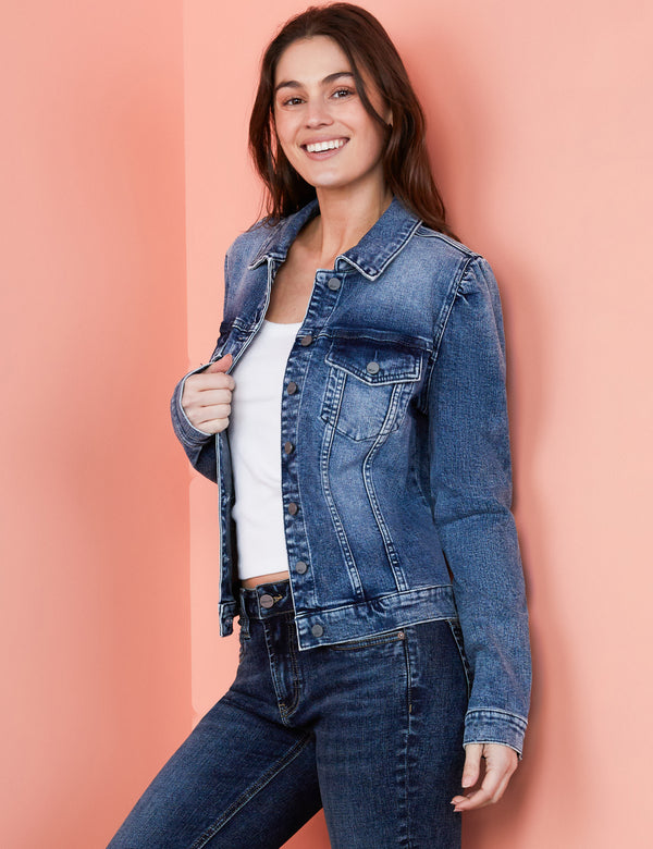 Women's Fashion Brand Dark Wash Puff Sleeve Denim Jacket