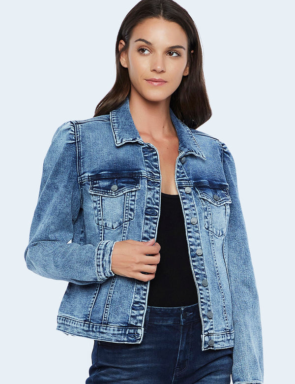 Women's Fashion Brand Light Wash Puff Sleeve Denim Jacket