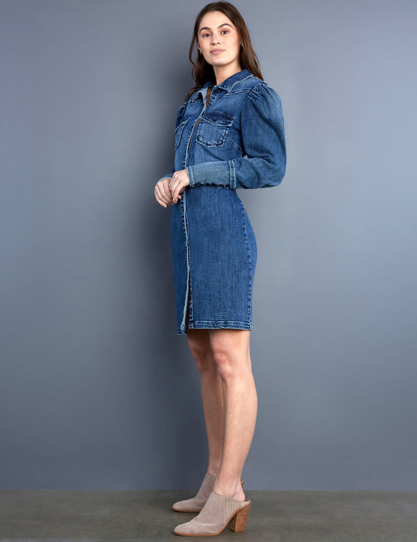 Women's Fashion Brand Indigo Puff Sleeve Denim Mini Shirtdress