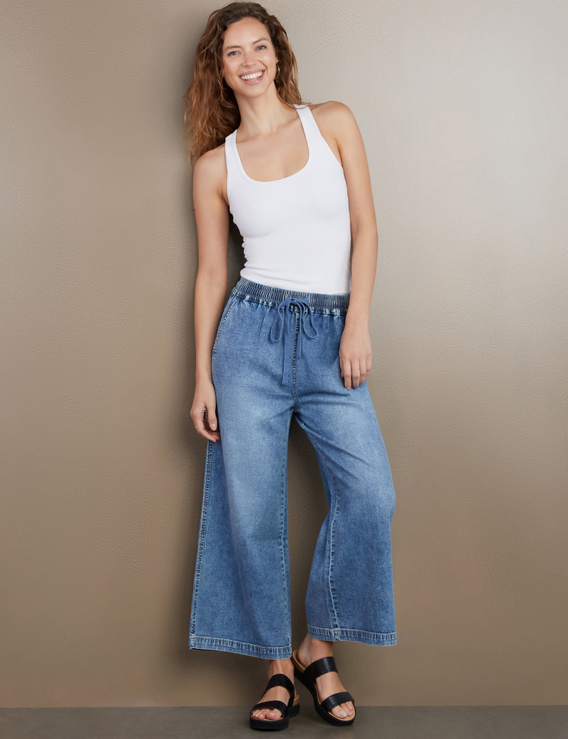 Women's Fashion Brand Tie Waist Medium Wash Wide Leg Jeans