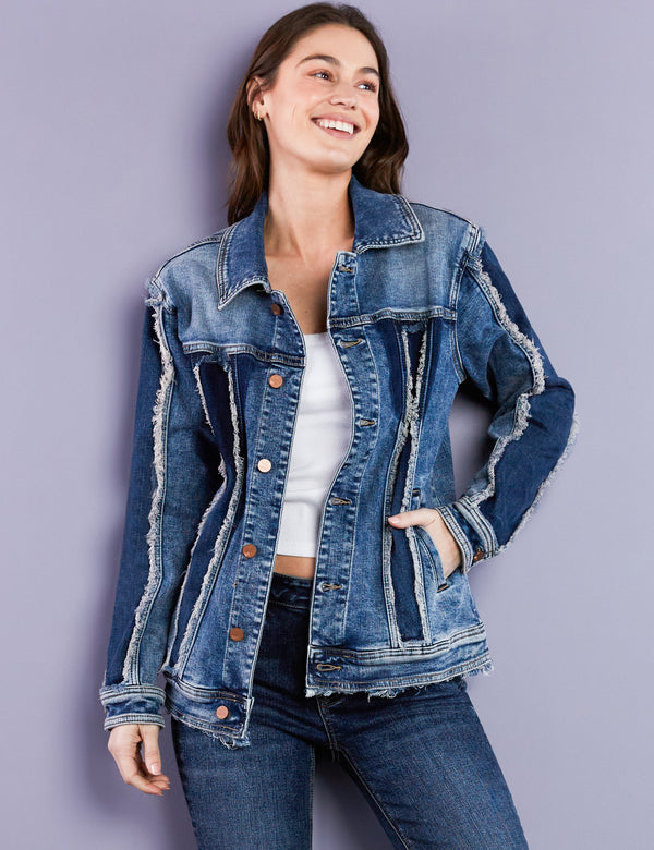 Women's Designer Raw Edge Dark Wash Denim Jacket