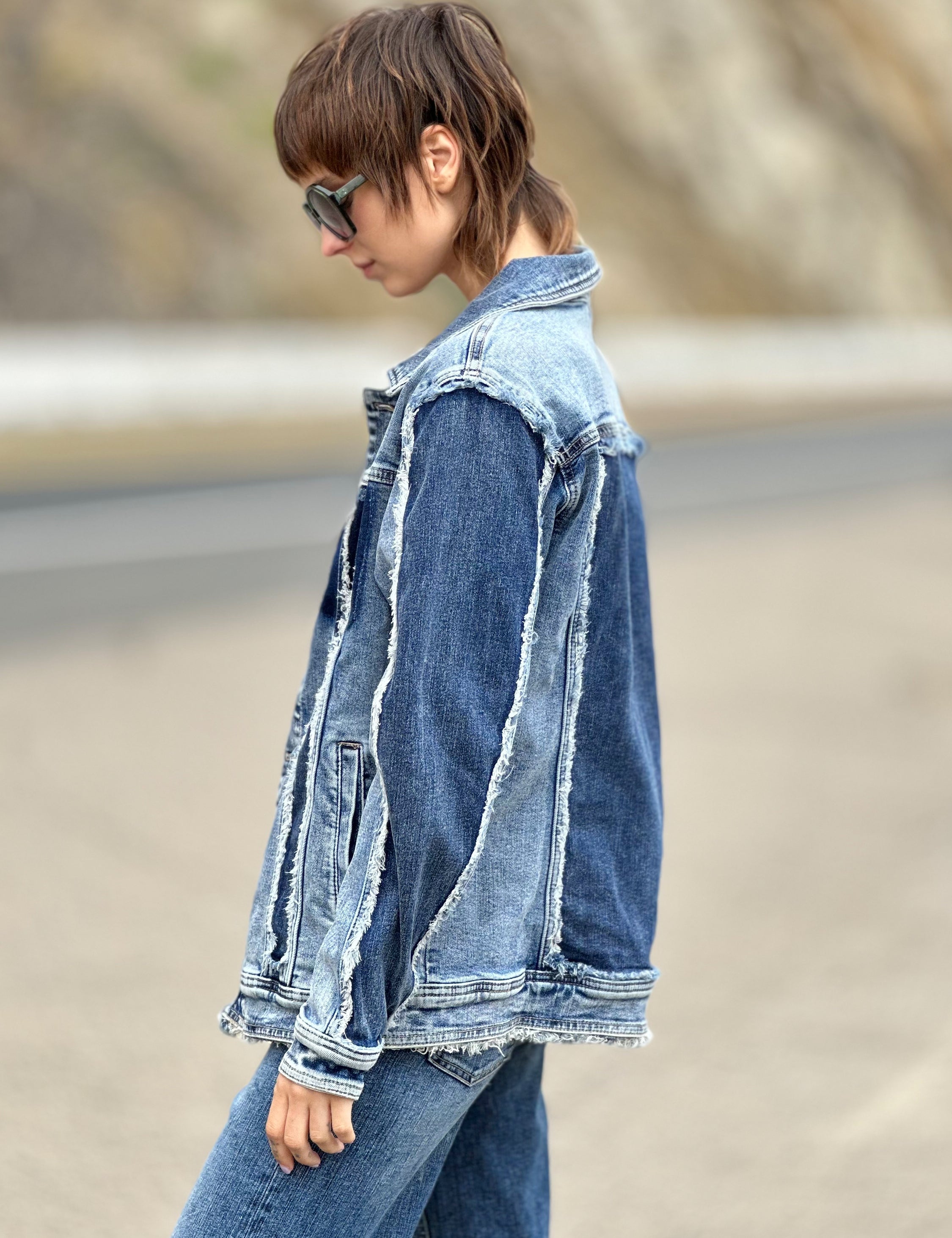 Washed And Faded Utility Denim Jacket With Epaulettes