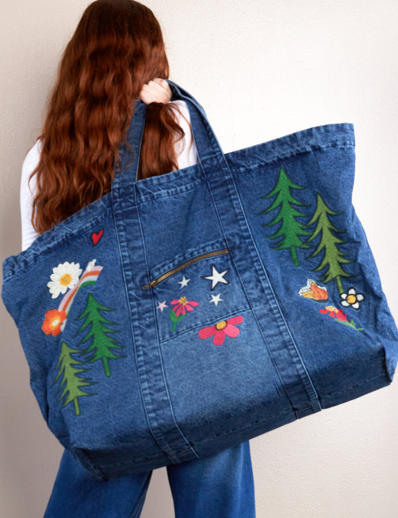 Women's Designer Brand Really Big Happy Place Embroidered Denim Tote Bag