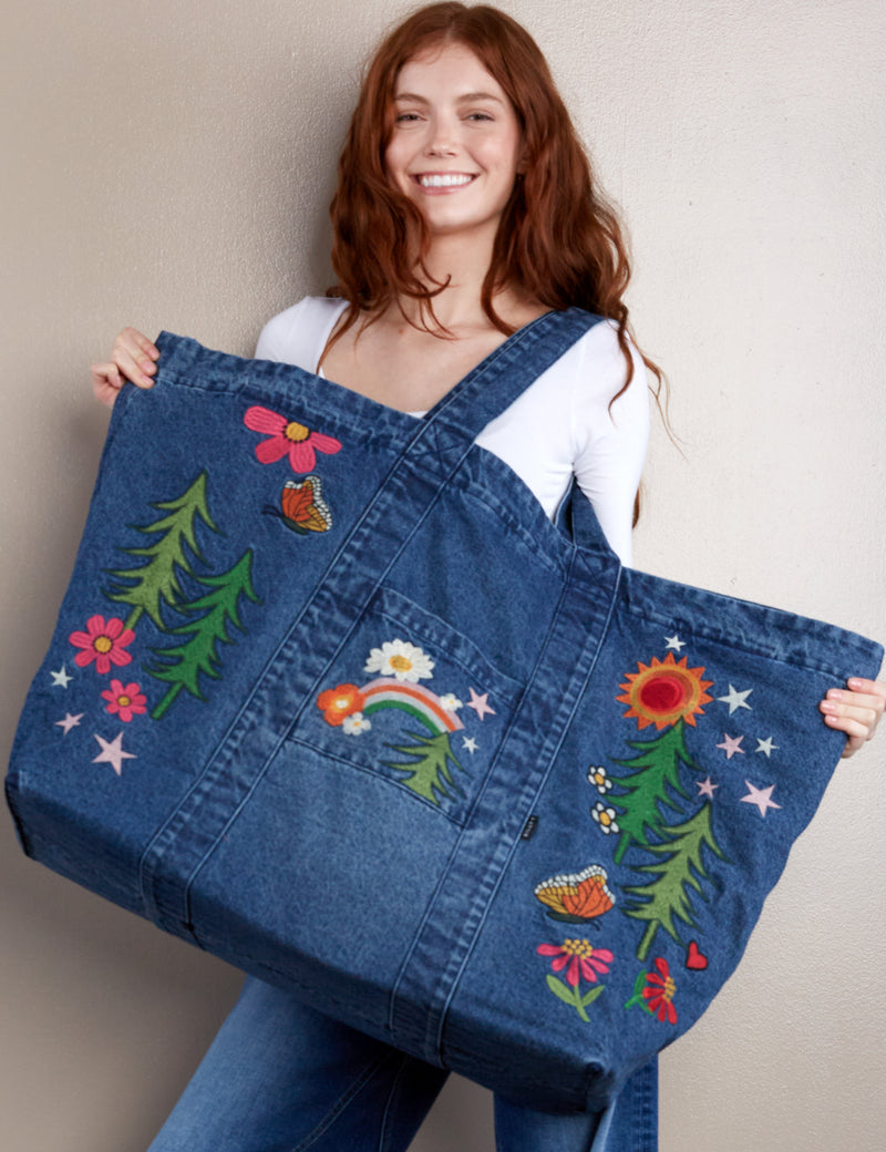 Women's Designer Brand Really Big Happy Place Embroidered Denim Tote Bag